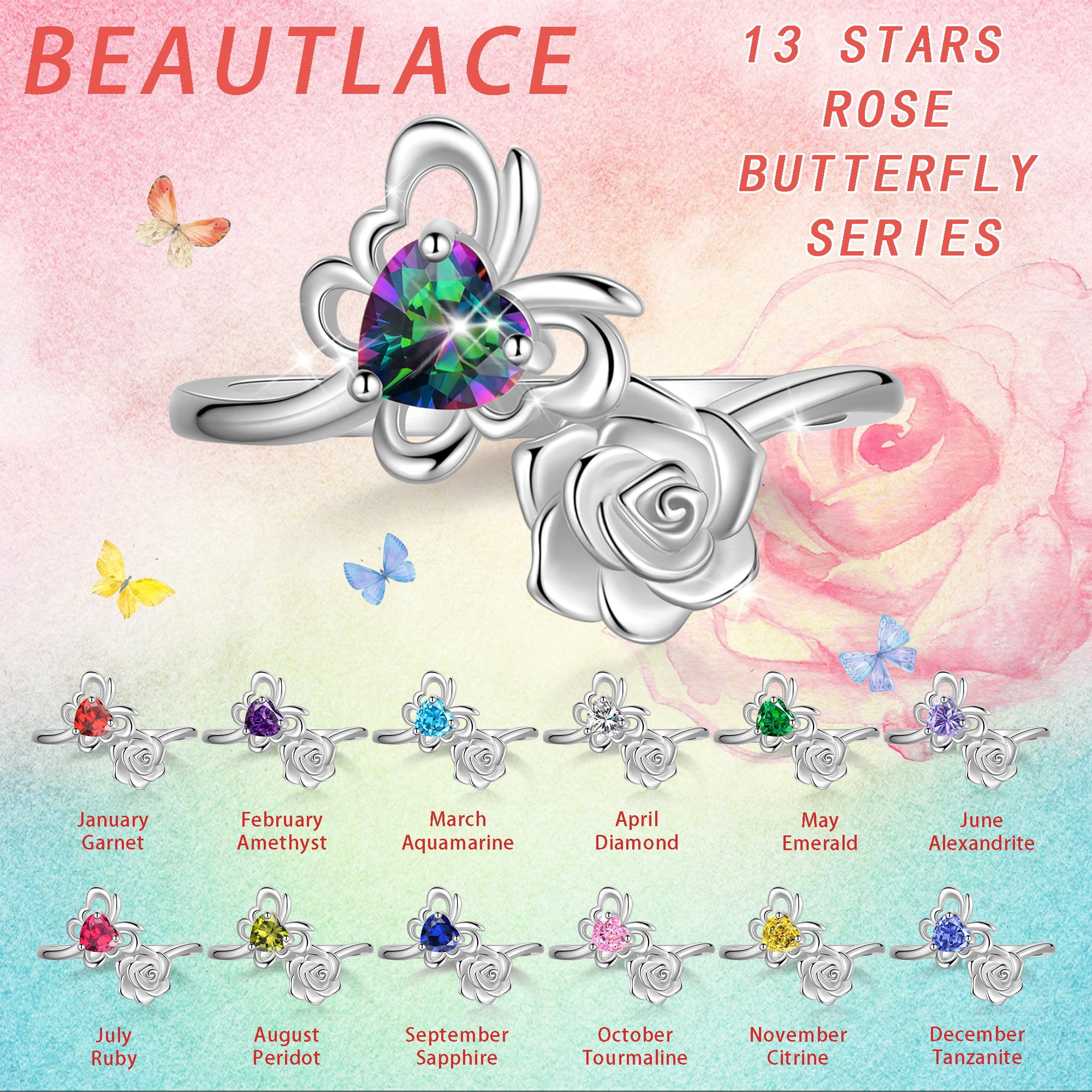 Beautlace Rose Heart Birthstone Ring,925 Sterling Silver November Citrine Butterfly Birthstone Adjustable Open Rings Birthday Christmas Valentines Mothers Day Jewelry Gifts for Women Mom - Image 4