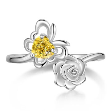 Beautlace Rose Heart Birthstone Ring,925 Sterling Silver November Citrine Butterfly Birthstone Adjustable Open Rings Birthday Christmas Valentines Mothers Day Jewelry Gifts for Women Mom