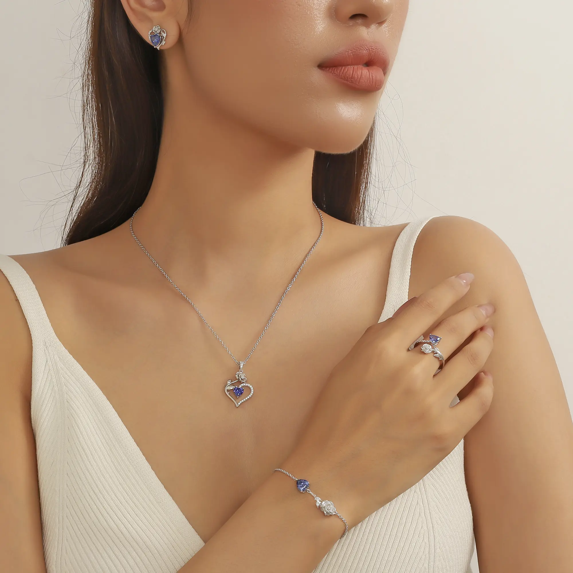 Beautlace Rose Heart Jewelry Set,December Birthstone Rose Flower Heart Necklace/Earrings/Ring/Bracelet Set 925 Sterling Silver Jewelry Birthday Christmas Valentines Mother's Day Gifts for Women Mom - Image 4