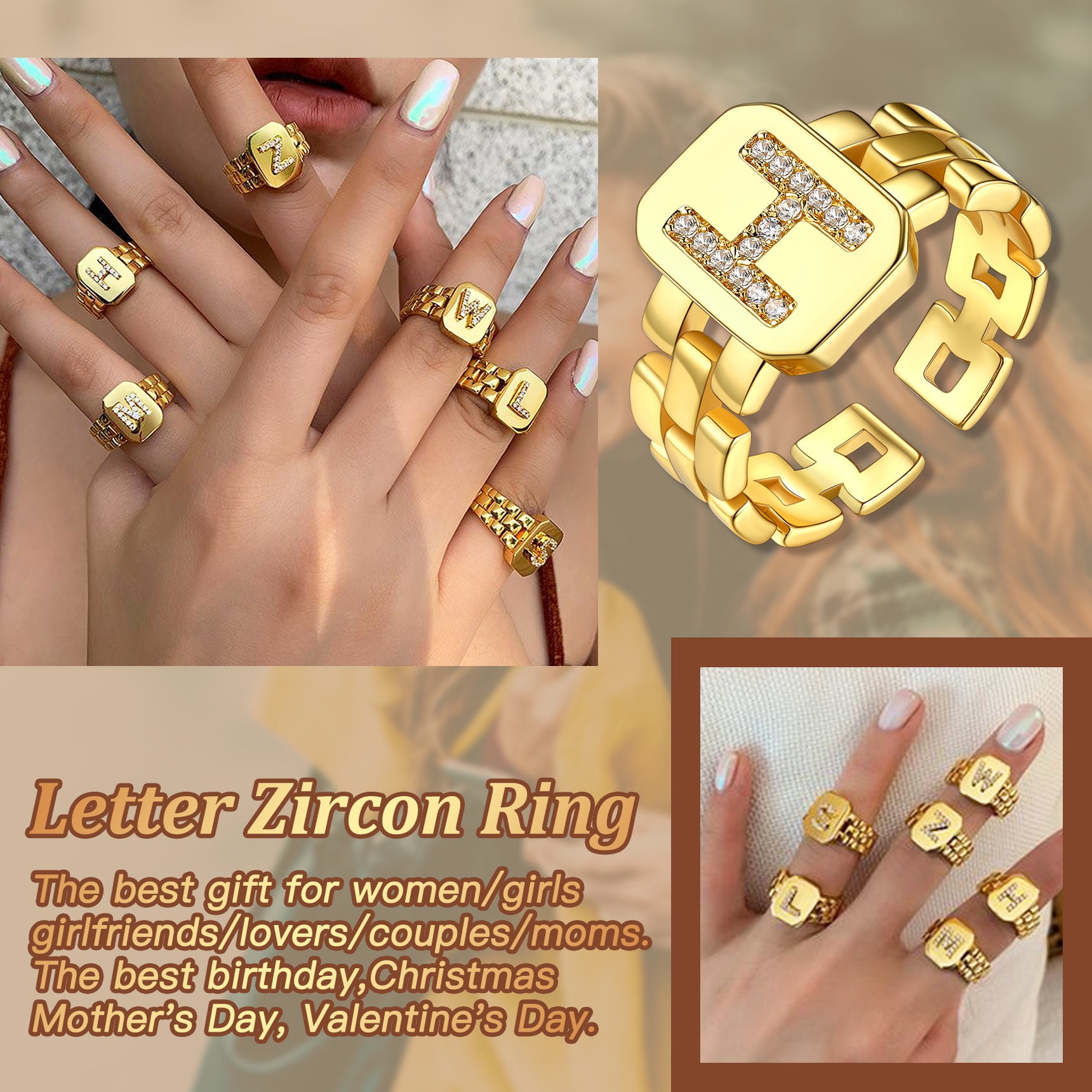 Bestyle Gold Plated Initial Ring for Women Chain Open Rings with Cubic Zirconia Letter A Adjustable Finger Ring Birthday Christmas Gift - Image 2