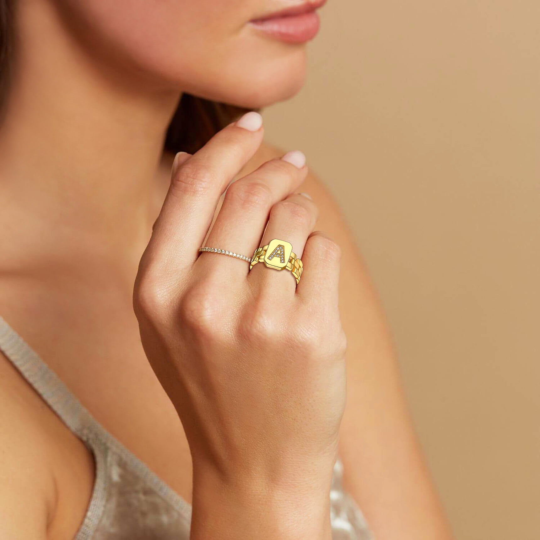 Bestyle Gold Plated Initial Ring for Women Chain Open Rings with Cubic Zirconia Letter A Adjustable Finger Ring Birthday Christmas Gift - Image 4