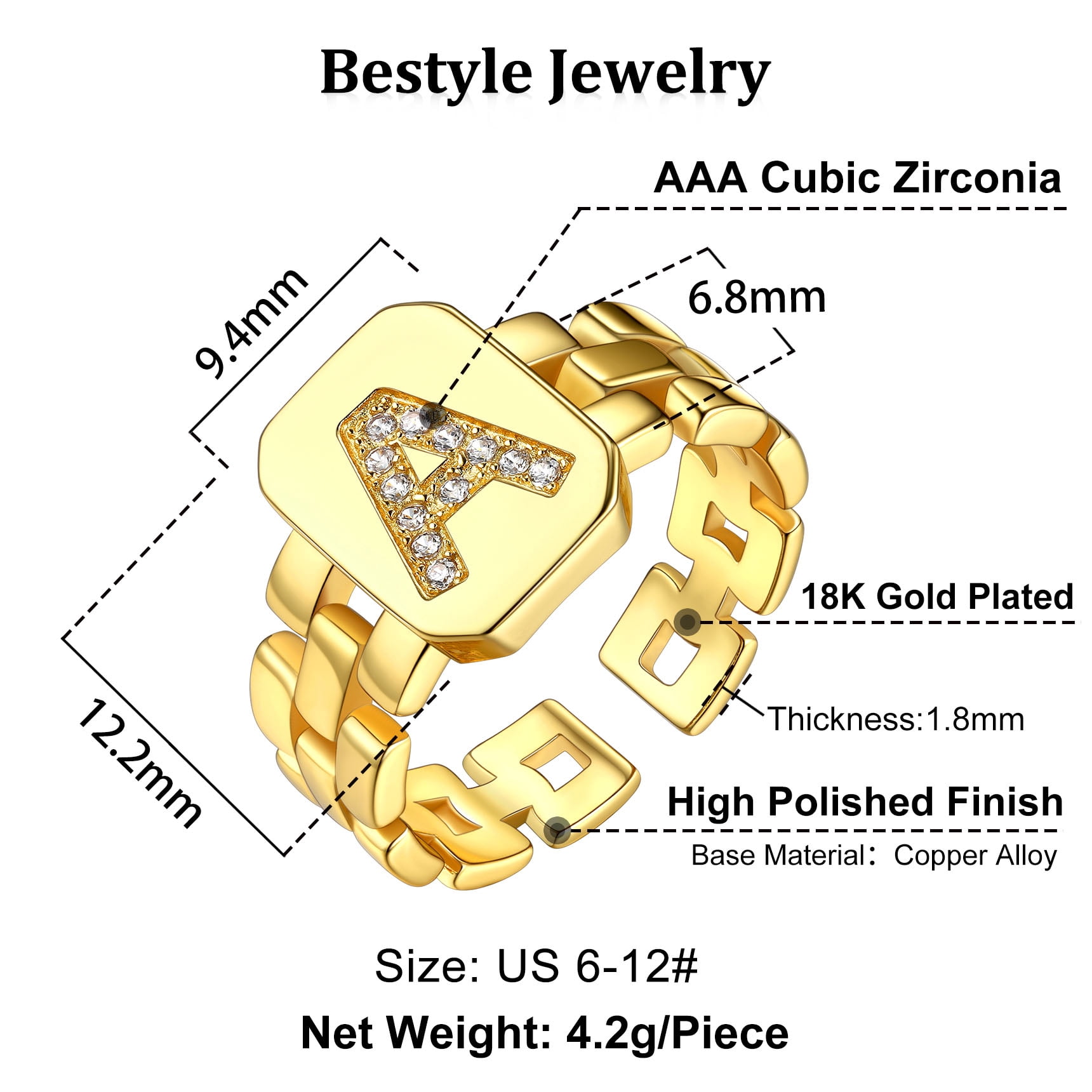Bestyle Gold Plated Initial Ring for Women Chain Open Rings with Cubic Zirconia Letter A Adjustable Finger Ring Birthday Christmas Gift - Image 5