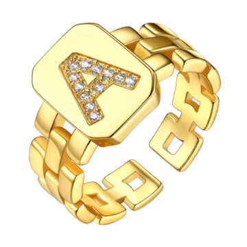 Bestyle Gold Plated Initial Ring for Women Chain Open Rings with Cubic Zirconia Letter A Adjustable Finger Ring Birthday Christmas Gift