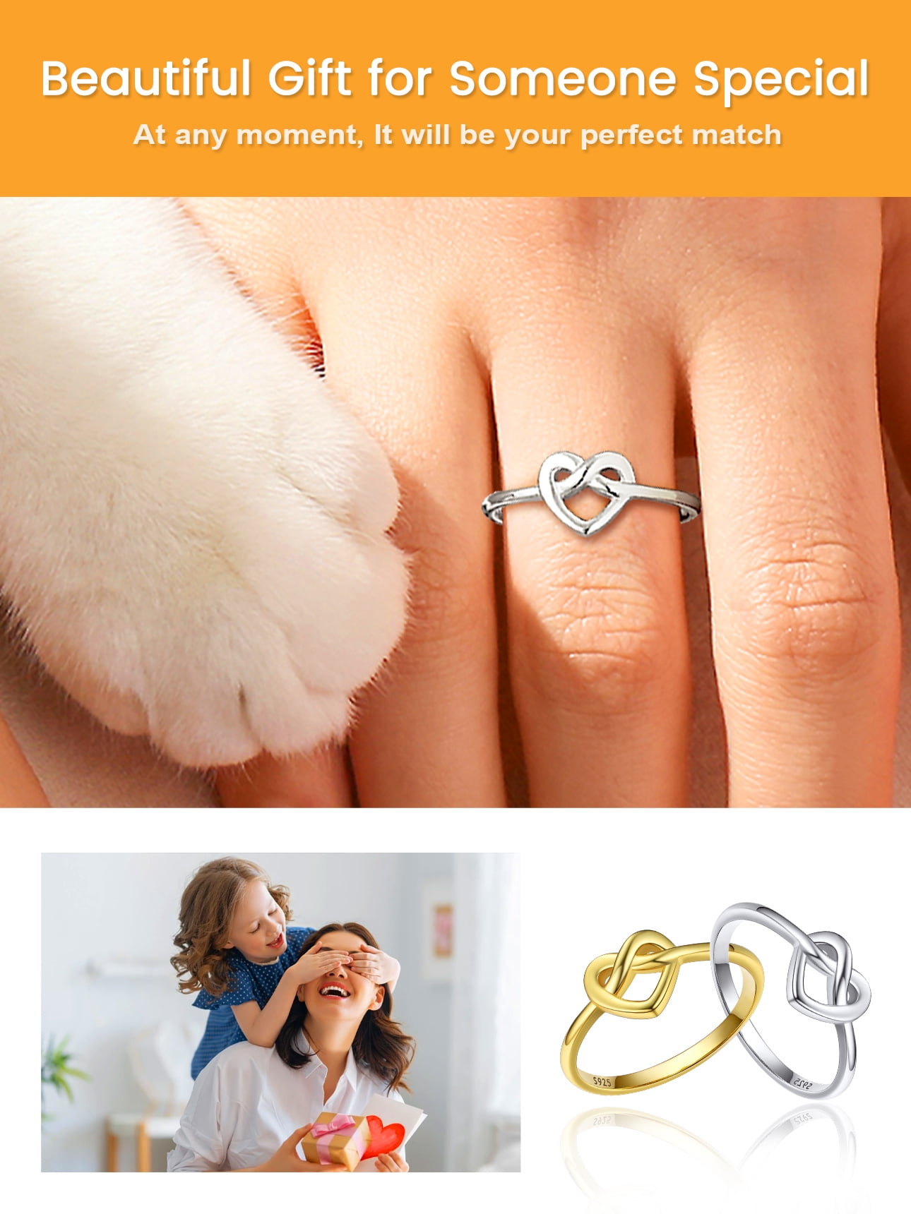 Bestyle Pure 925 Sterling Silver Heart Rings for Women, Simple Celtic Knot Wedding Promise Ring Gifts for Birthday Anniversary Christmas, Size 7 - Image 2