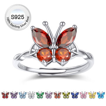 Bestyle Pure S925 Sterling Silver Butterfly Rings, July Ruby Birthstone Adjustable Open Band Ring Jewelry Gift Birthday Mother's Day Christmas