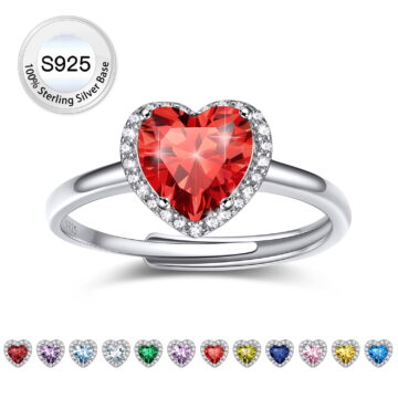 Bestyle Pure S925 Sterling Silver Heart Rings for Women Sparkle Open Band Ring July Created Ruby Rings Mother's Day Gift Size 6-12