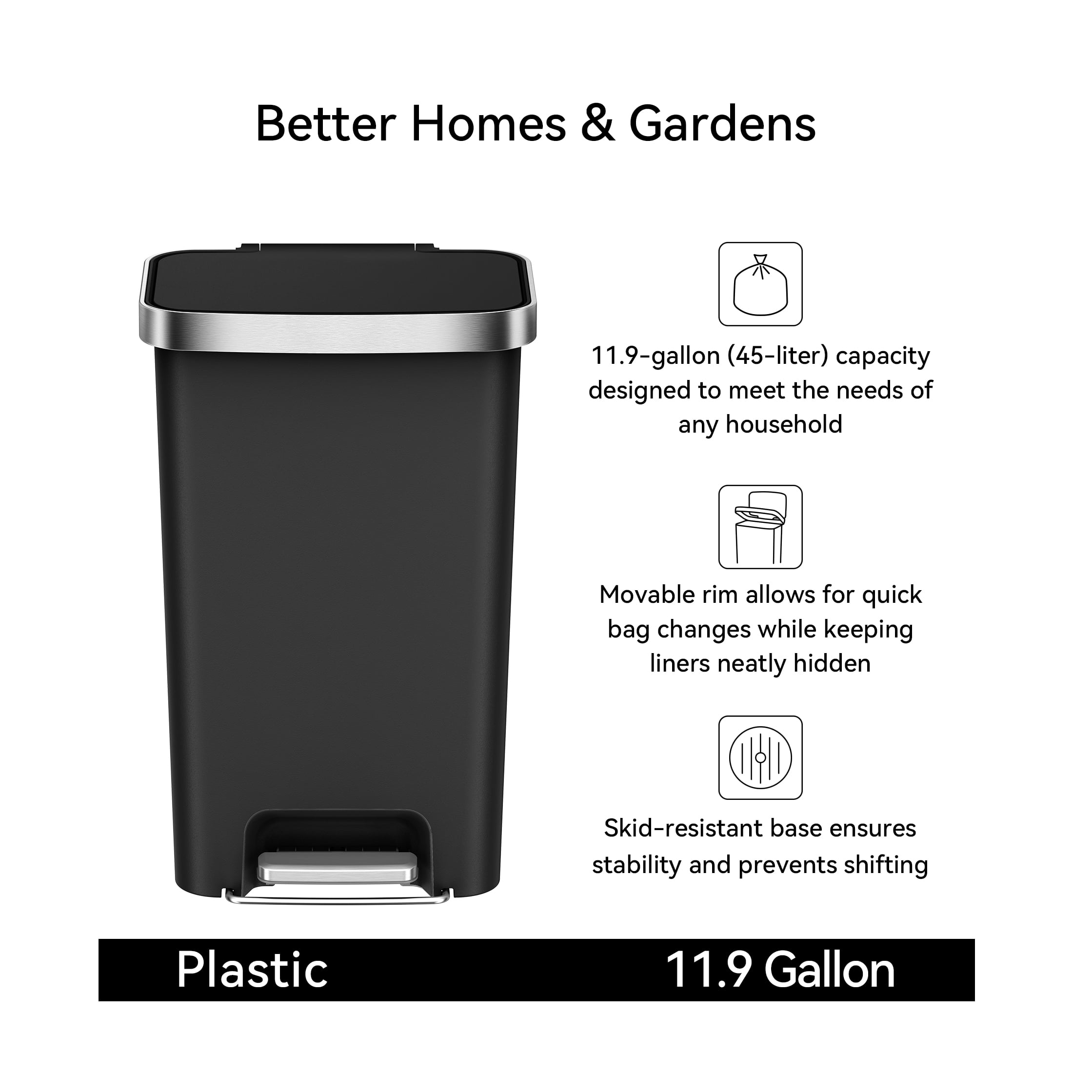 Better Homes & Gardens Kitchen Trash Can, 11.9 Gallon Plastic Step Garbage Bin with Soft Close Lid, Black - Image 4