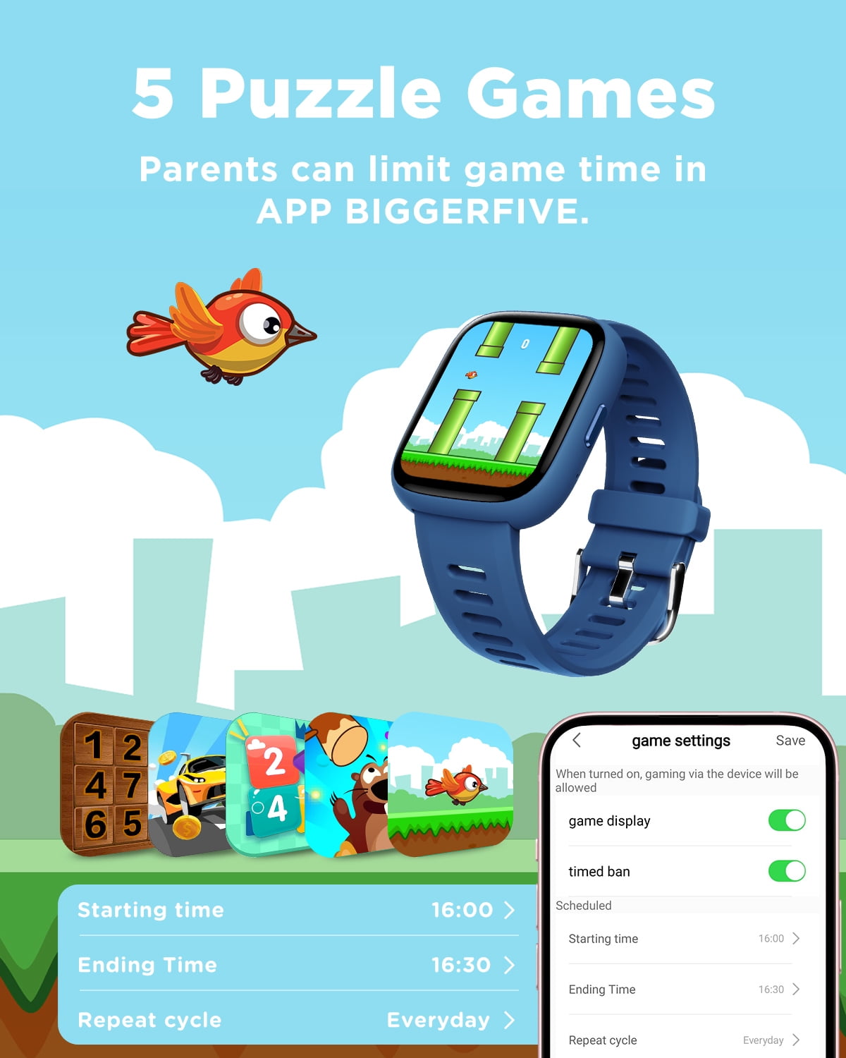 BIGGERFIVE Smart Watch for Kids, 1.8" Fitness Tracker Watch Pedometer, IP68 Waterproof, Sleep Monitor, Calorie Step Counter, 5 Puzzle Games with/Without APP for Girls Teens 5-16 - Image 2