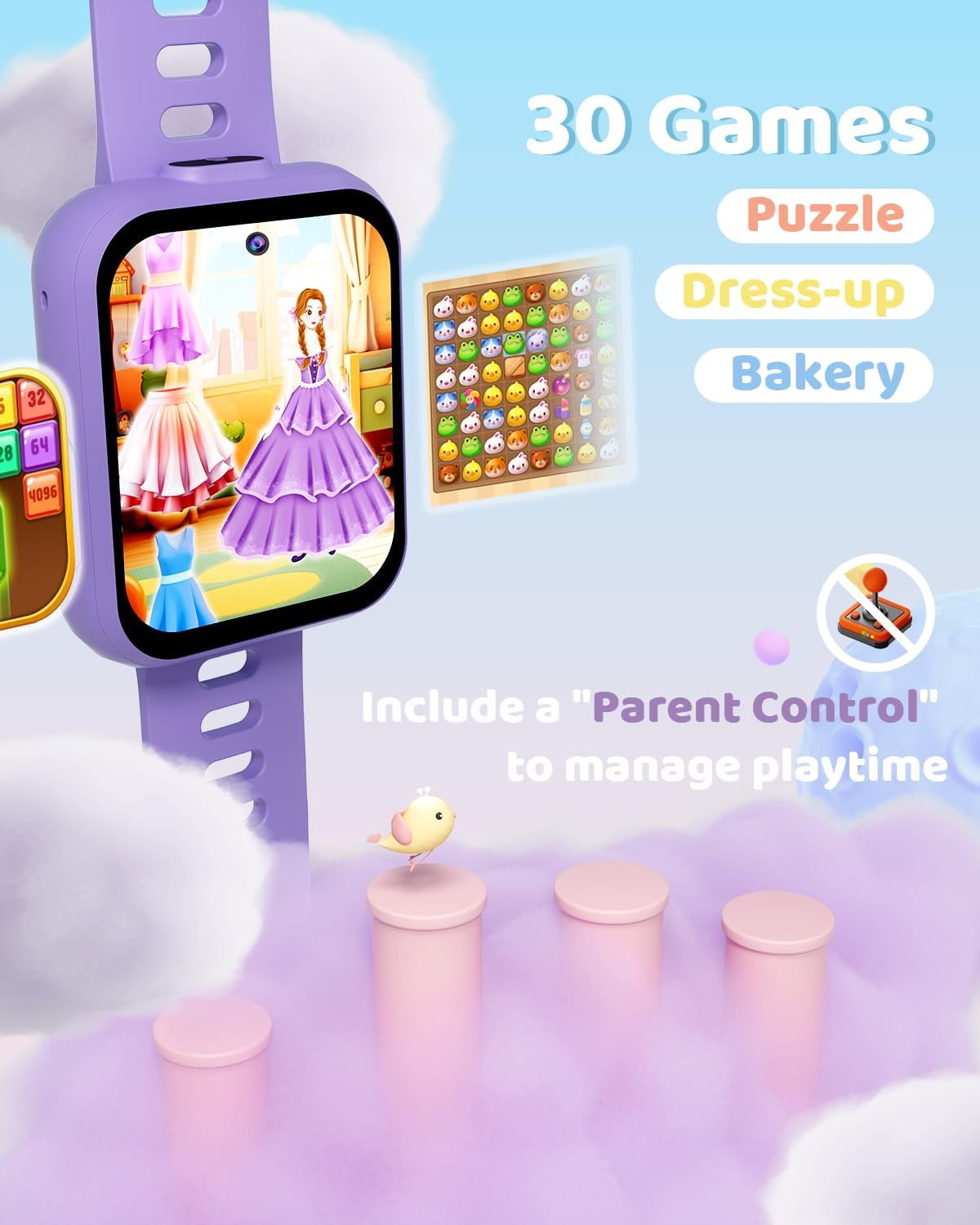 BIGGERFIVE Smart Watch for Kids with Dual Cameras, 30 Puzzle Games, Video & Music Player, Audiobooks, Flashlight, Pedometer, Calculator, Educational Toys Birthday Gifts for Boys Girls Ages 4-10 Blue - Image 3