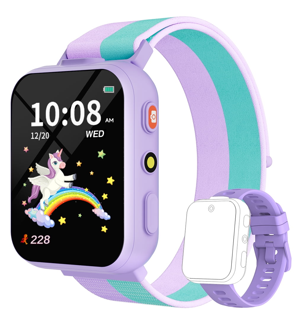 BIGGERFIVE Smart Watch for Kids with Dual Cameras, Two Straps, 30 Puzzle Games, Video & Music Player, Audiobooks, Flashlight, Pedometer, Educational Toys Birthday Gifts for Boys Girls Ages 4-10 Lilac