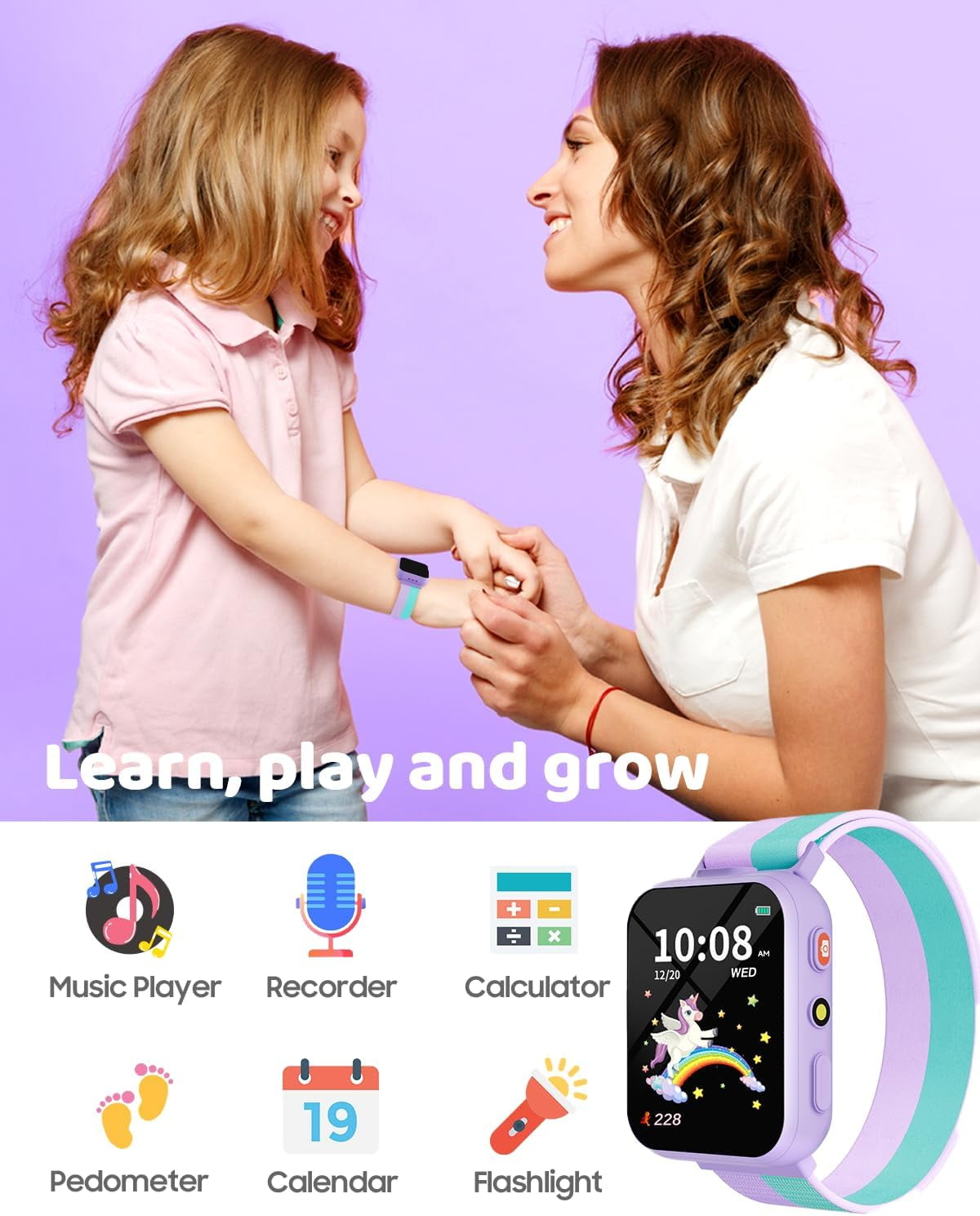 BIGGERFIVE Smart Watch for Kids with Dual Cameras, Two Straps, 30 Puzzle Games, Video & Music Player, Audiobooks, Flashlight, Pedometer, Educational Toys Birthday Gifts for Boys Girls Ages 4-10 Lilac - Image 4
