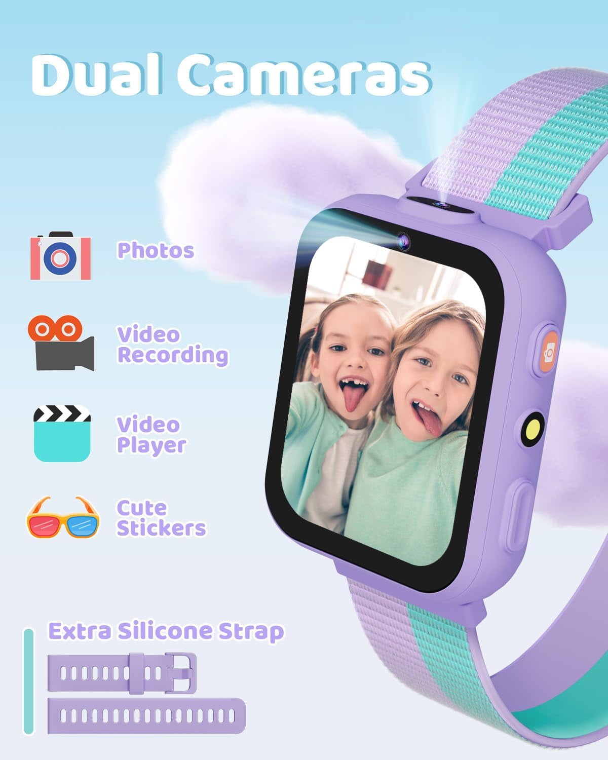 BIGGERFIVE Smart Watch for Kids with Dual Cameras, Two Straps, 30 Puzzle Games, Video & Music Player, Audiobooks, Flashlight, Pedometer, Educational Toys Birthday Gifts for Boys Girls Ages 4-10 Lilac - Image 5