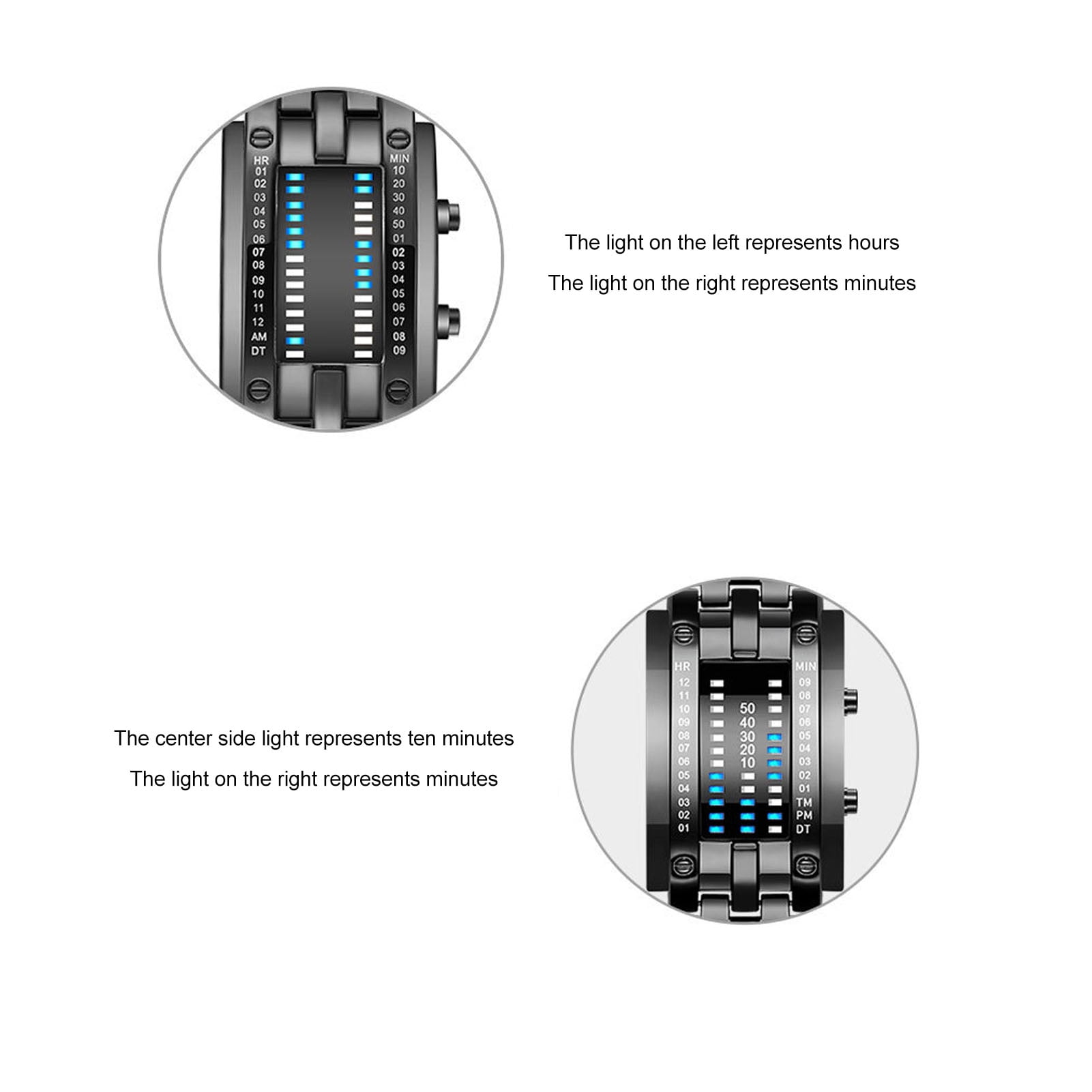 BIMZUC Dual Line Digital Binary Wristwatch with Blue LED Light, Large Black Alloy Case Fashion Watch for Students and Couples, Includes CR2032 Battery (1.97 inches / 5 cm Width) - Image 5