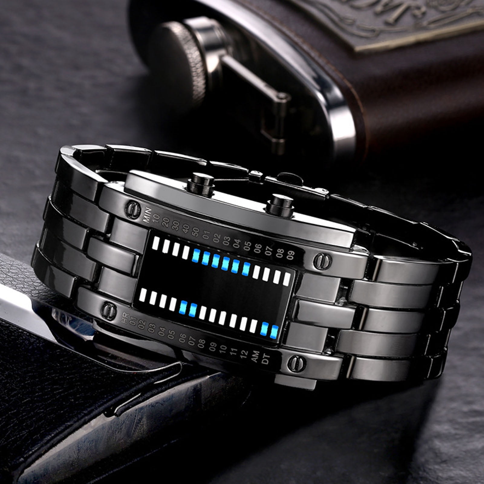 BIMZUC Dual Line Digital Binary Wristwatch with Blue LED Light, Large Black Alloy Case Fashion Watch for Students and Couples, Includes CR2032 Battery (1.97 inches / 5 cm Width) - Image 2