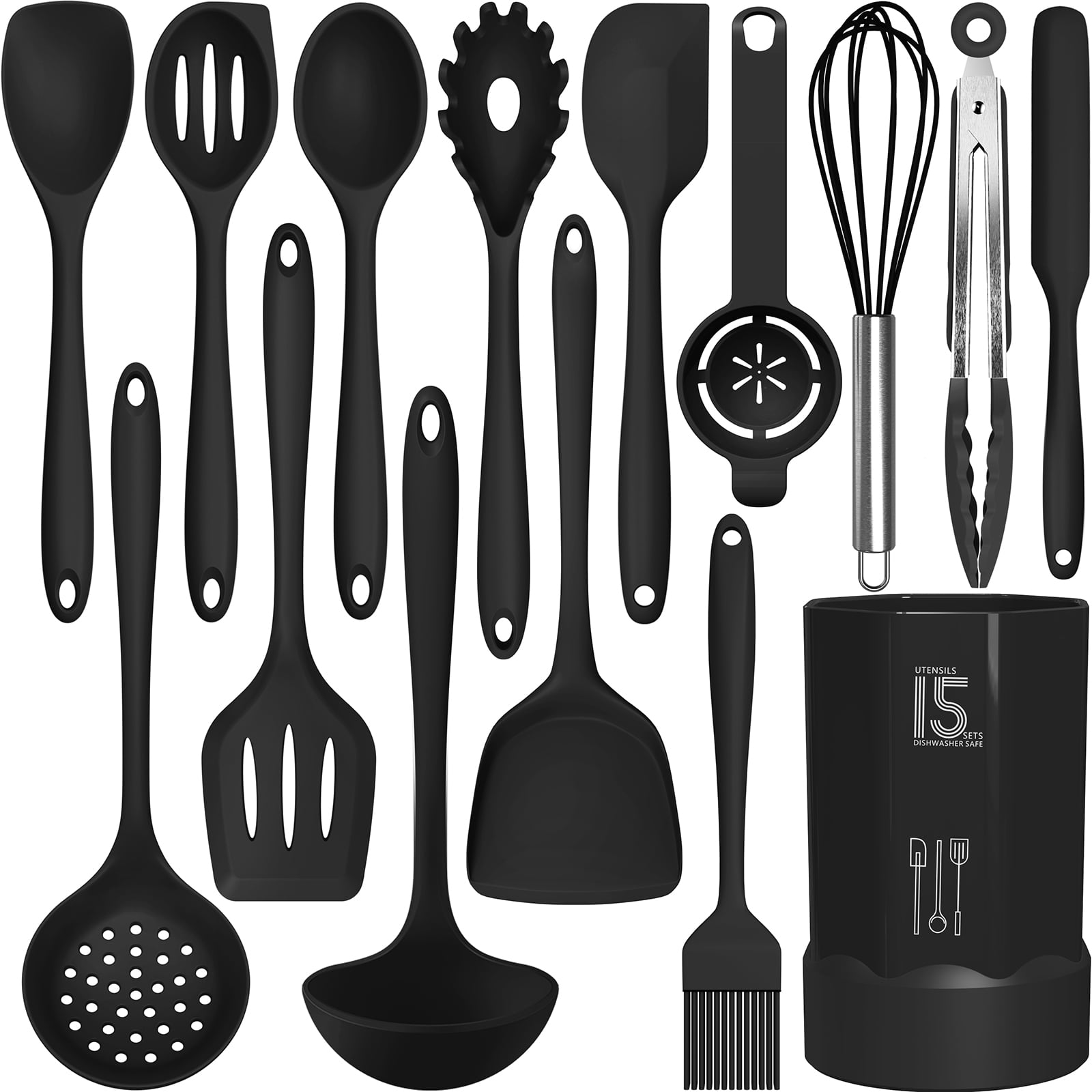 Black Silicone Cooking Utensils Set - 446°F Heat Resistant Kitchen Utensils,Turner Tongs,Spatula,Spoon,Brush,Whisk,Kitchen Utensil Gadgets Tools Set for Nonstick Cookware,Dishwasher Safe (BPA Free) - Image 3
