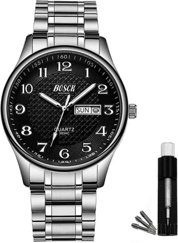 BOSCK Analog Mens Watch,40mm Easy Read Auto Date and Day Stainless Steel Business Watch for Men,30M Waterproof Sports Mens Wrist Watches
