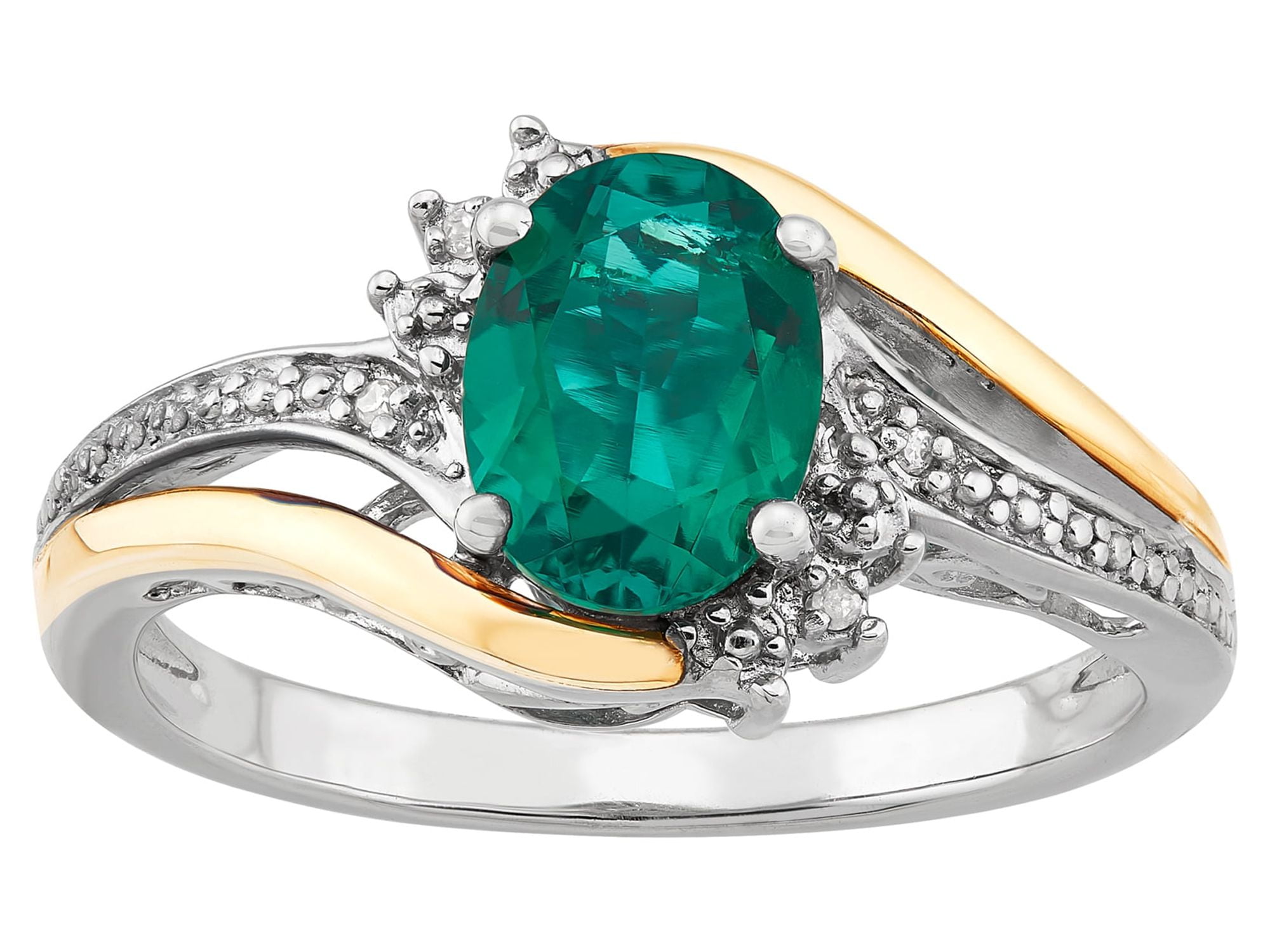 Brilliance Fine Jewelry Created Emerald Diamond Accent Ring in Sterling Silver and 10K Yellow Gold