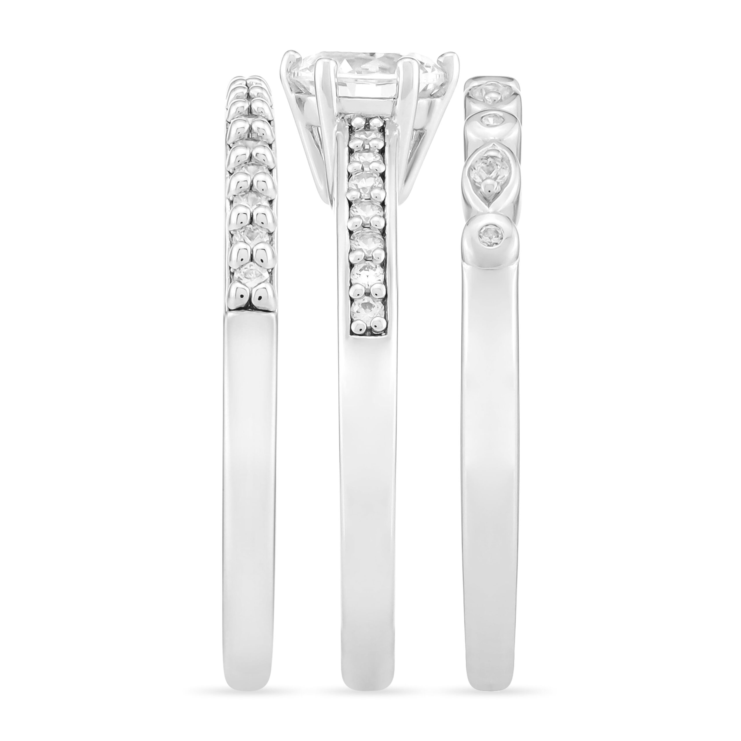 Brilliance Fine Jewelry Women's .925 Sterling Silver Simulated Round White Diamond Trio Set Rings - Image 2