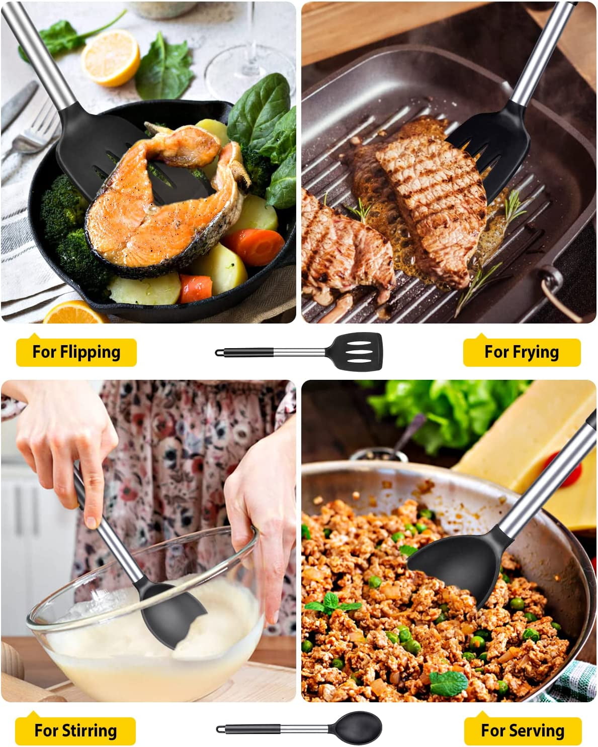 Bundlepro 4 Pack Silicone Home Kitchen Cooking Utensils Set, Solid Slotted Spatulas Spoons, Black - Image 4