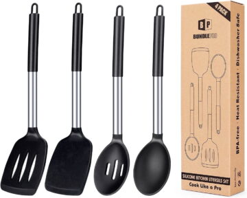 Bundlepro 4 Pack Silicone Home Kitchen Cooking Utensils Set, Solid Slotted Spatulas Spoons, Black