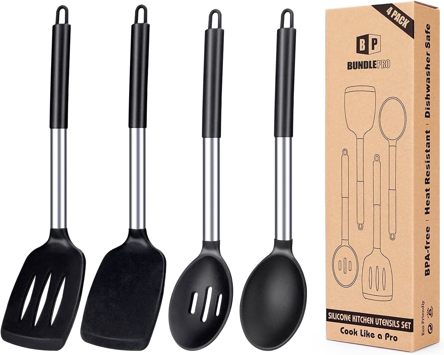 Bundlepro 4 Pack Silicone Home Kitchen Cooking Utensils Set, Solid Slotted Spatulas Spoons, Black