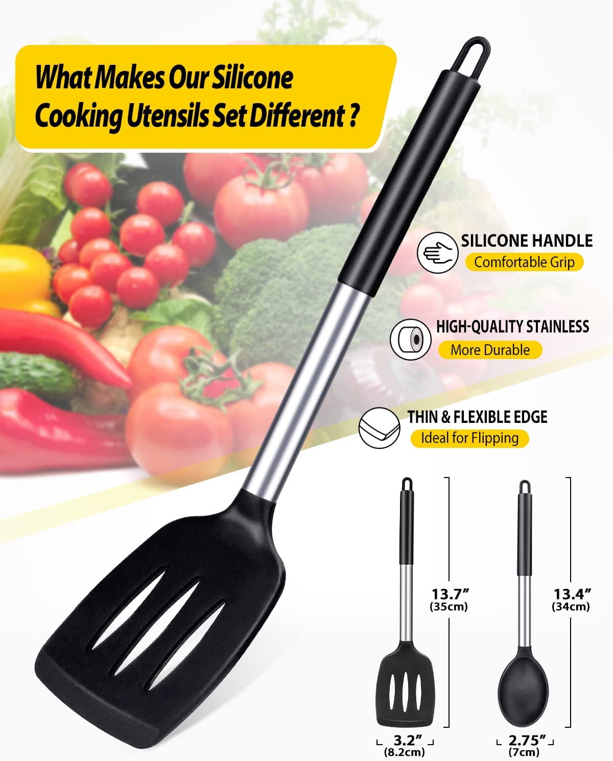 Bundlepro 4 Pack Silicone Home Kitchen Cooking Utensils Set, Solid Slotted Spatulas Spoons, Black - Image 2