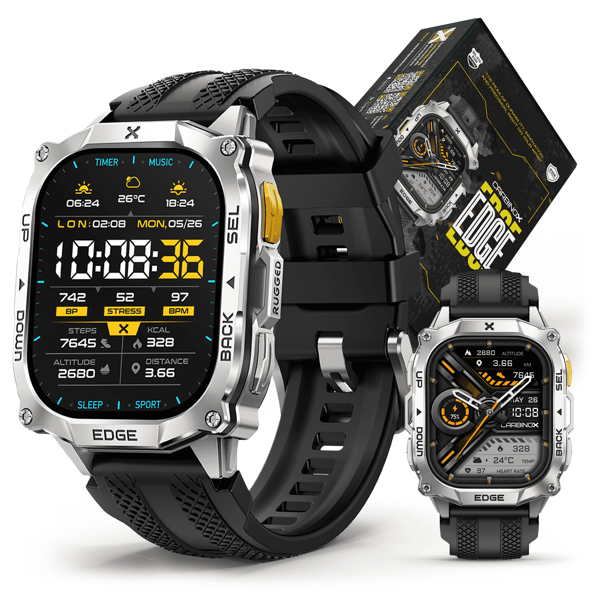 Carbinox Edge Smart Watch Rugged, 1.96″ AMOLED, Stainless Steel, IP69K/5ATM Fitness trackers, Bluetooth Calls, Android Phones iOS (Silver)