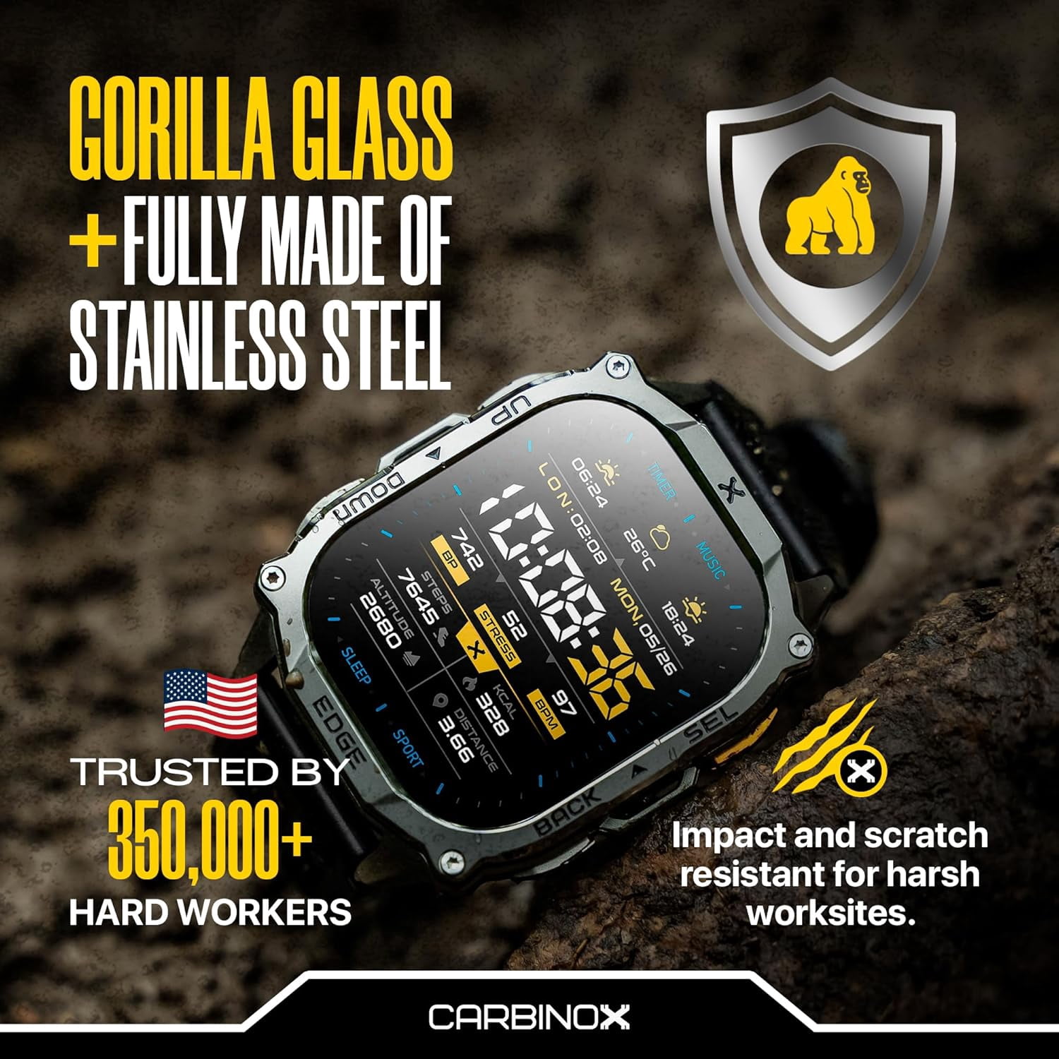 Carbinox Edge Smart Watch Rugged, 1.96″ AMOLED, Stainless Steel, IP69K/5ATM Fitness trackers, Bluetooth Calls, Android Phones iOS (Silver) - Image 5