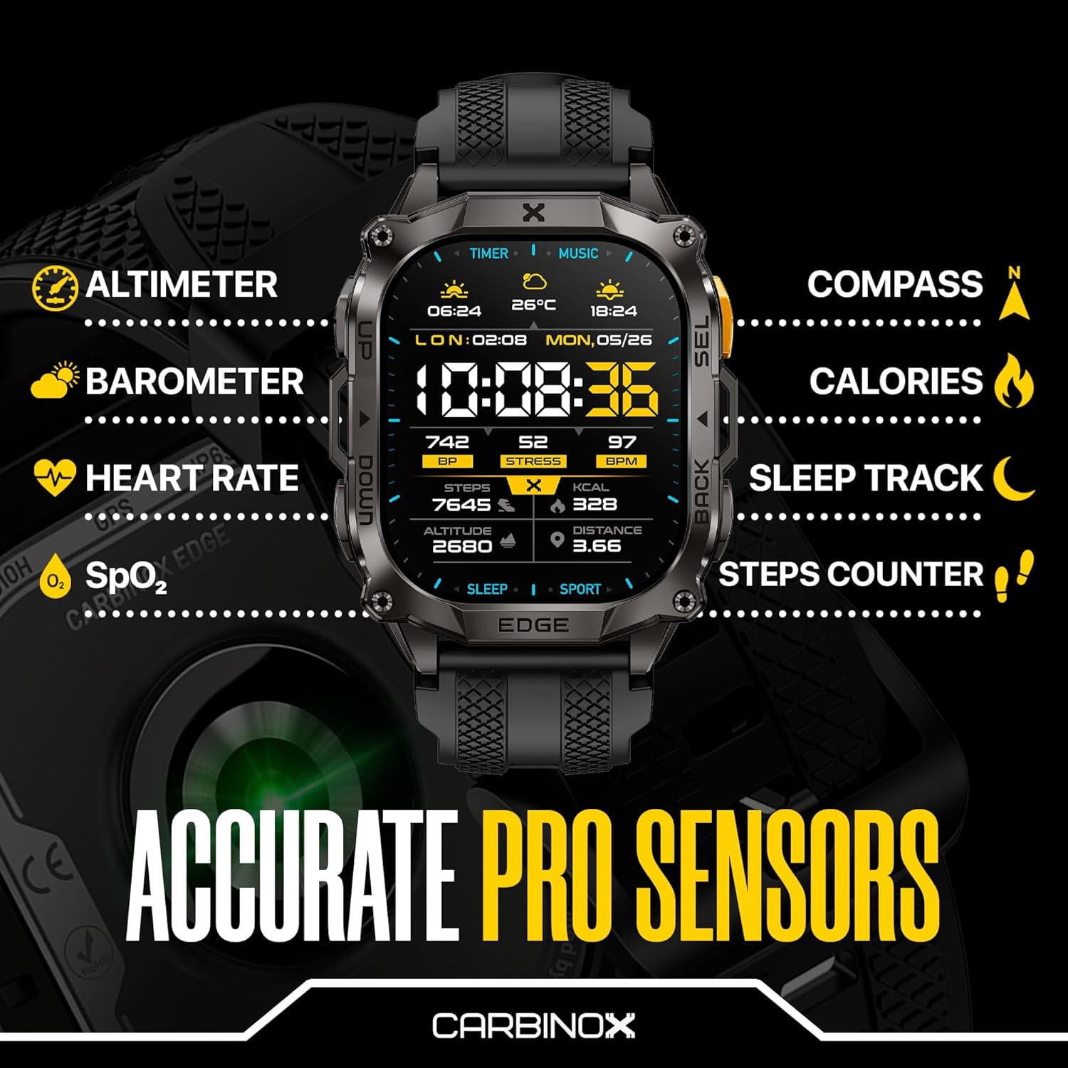 Carbinox Edge Smart Watch Rugged, 1.96″ AMOLED, Stainless Steel, IP69K/5ATM Fitness trackers, Bluetooth Calls, Android Phones iOS (Silver) - Image 2