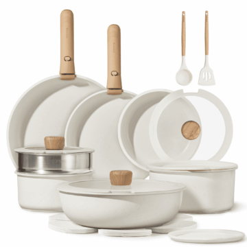 Carote 21 Pcs Nonstick Cookware Set, Pots and Pans Set with Detachable Handles, Oven/Dishwasher Safe, Stackable Kitchen Cooking Set, White Granite.