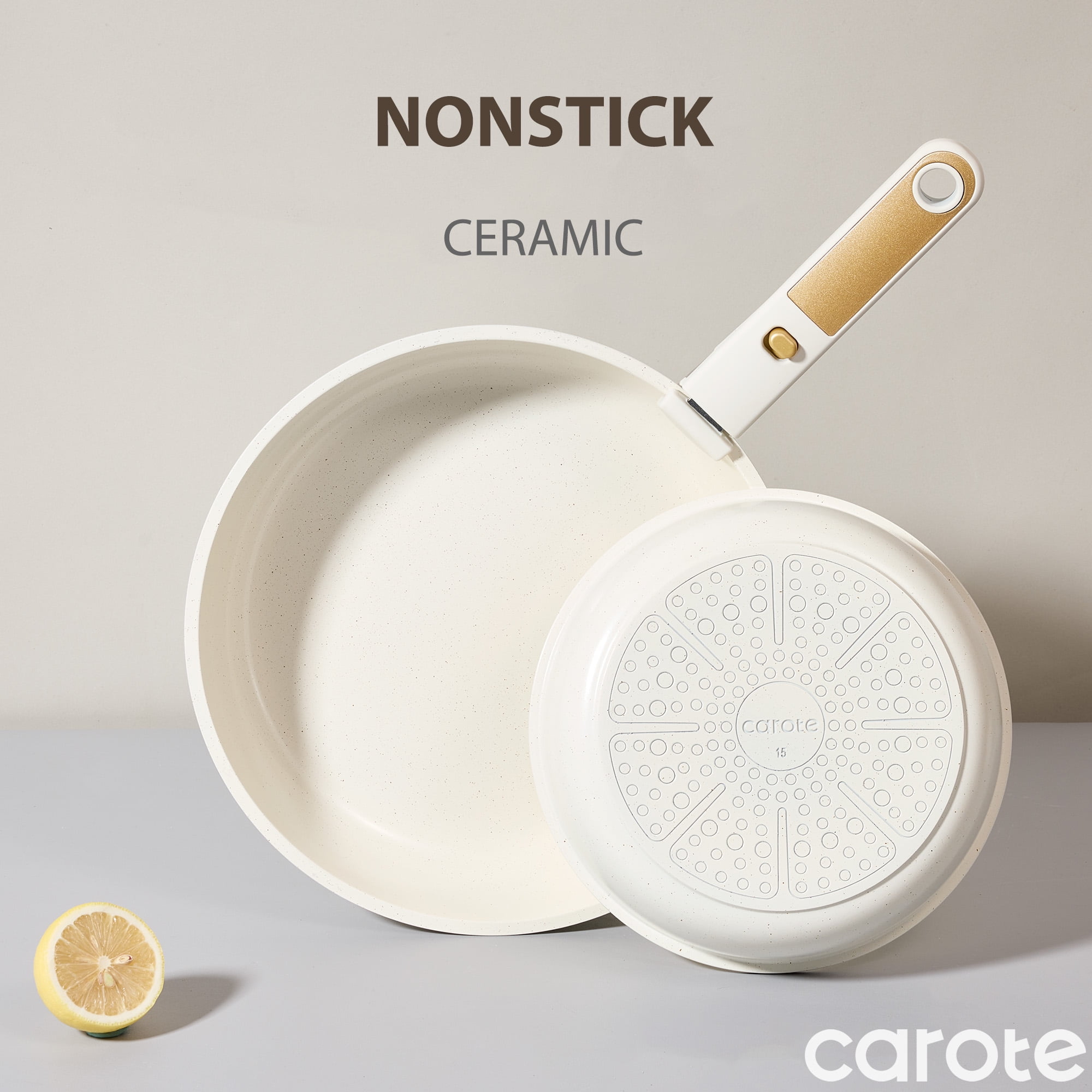 Carote 21 Pieces Pots and Pans Set with Detachable Handle, Ceramic Non Stick Non Toxic Kitchen Cookware Set with Induction, Oven/Dishwasher Safe, Granite White - Image 2