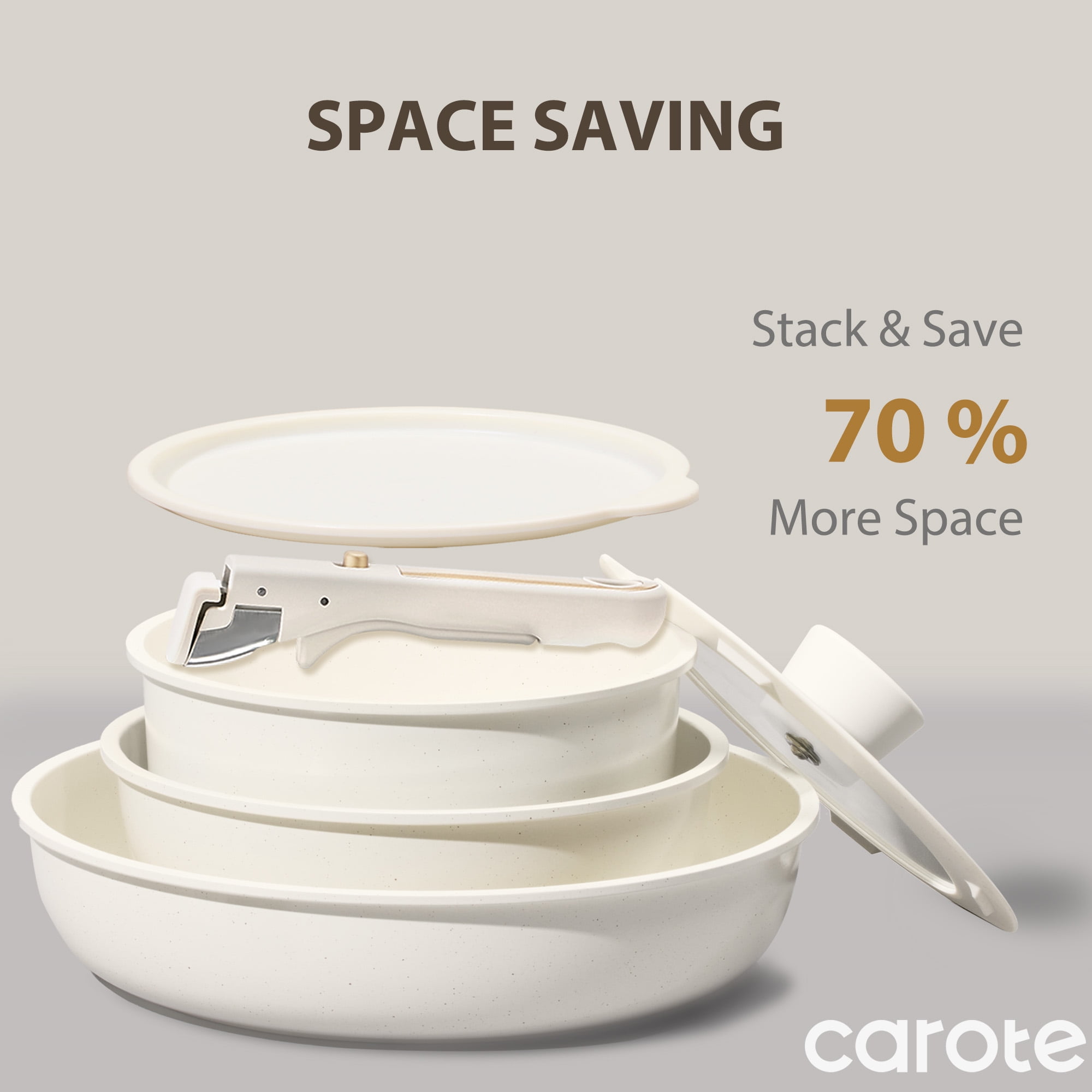 Carote 21 Pieces Pots and Pans Set with Detachable Handle, Ceramic Non Stick Non Toxic Kitchen Cookware Set with Induction, Oven/Dishwasher Safe, Granite White - Image 5