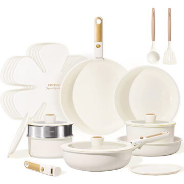 Carote 21 Pieces Pots and Pans Set with Detachable Handle, Ceramic Non Stick Non Toxic Kitchen Cookware Set with Induction, Oven/Dishwasher Safe, Granite White