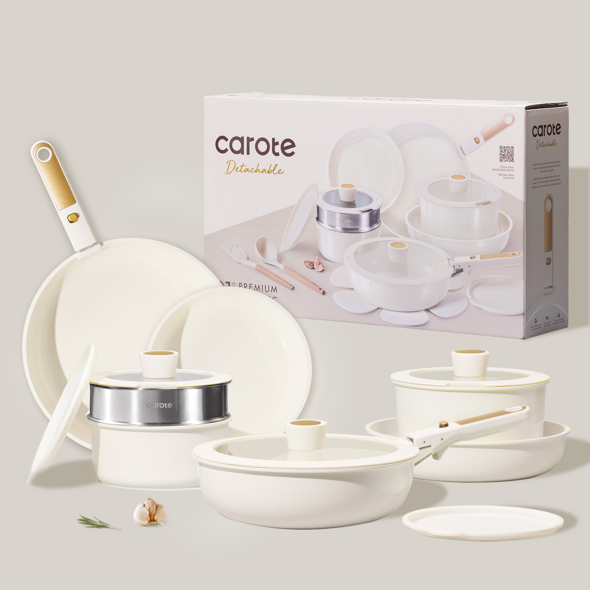 Carote 21 Pieces Pots and Pans Set with Detachable Handle, Ceramic Non Stick Non Toxic Kitchen Cookware Set with Induction, Oven/Dishwasher Safe, Granite White - Image 4