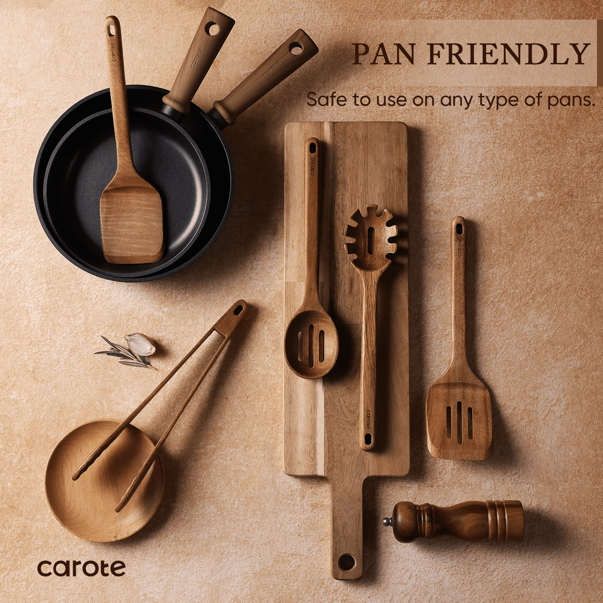 Carote 8 Pcs Wooden Cooking Utensils Set for Kitchen, Acacia Wood Utensils Set - Image 3