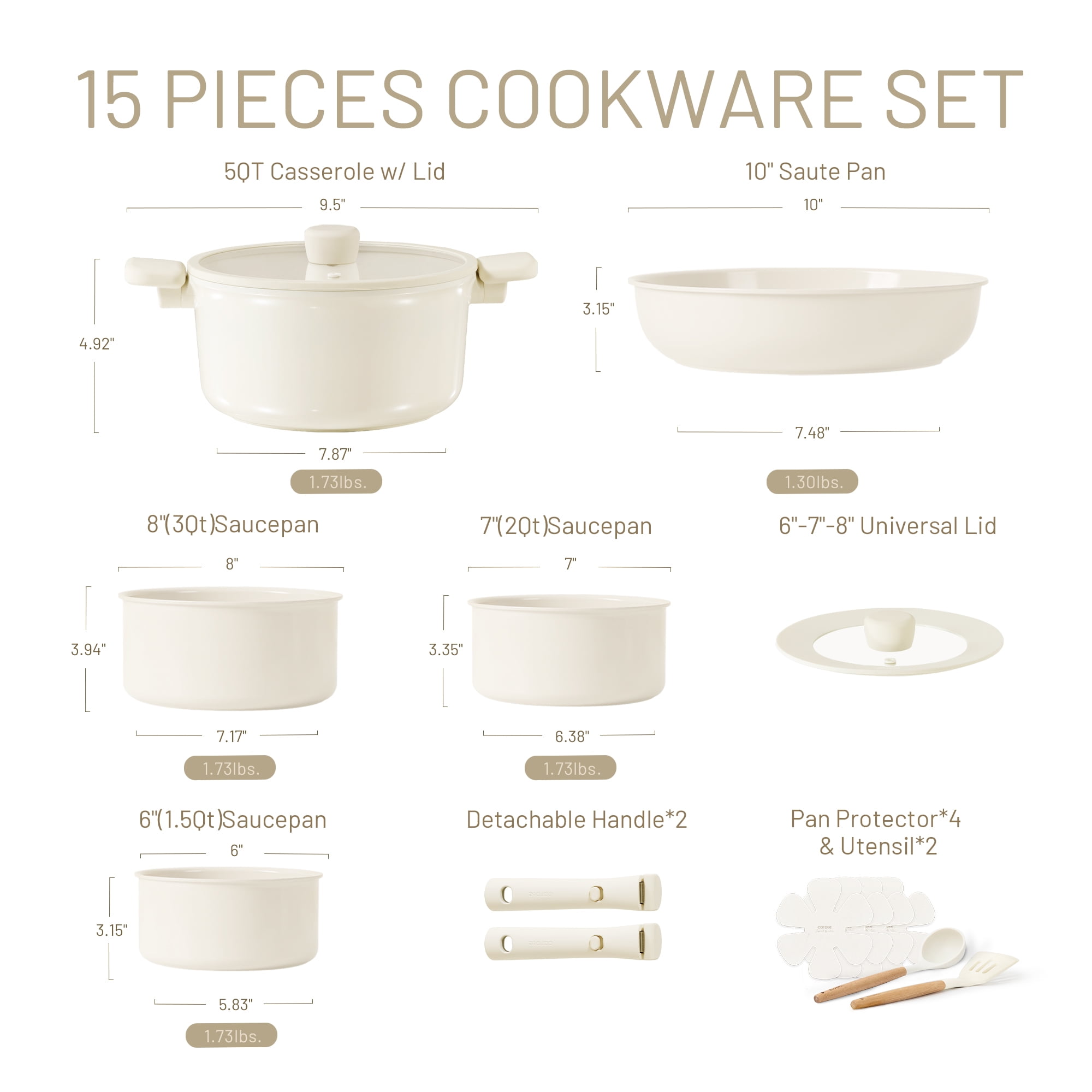 Carote Ceramic Cookware Sets, 15 Pcs Pots and Pans Set with Detachable Handle, Cream - Image 2