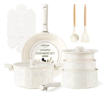 Carote Ceramic Cookware Sets, 15 Pcs Pots and Pans Set with Detachable Handle, Cream