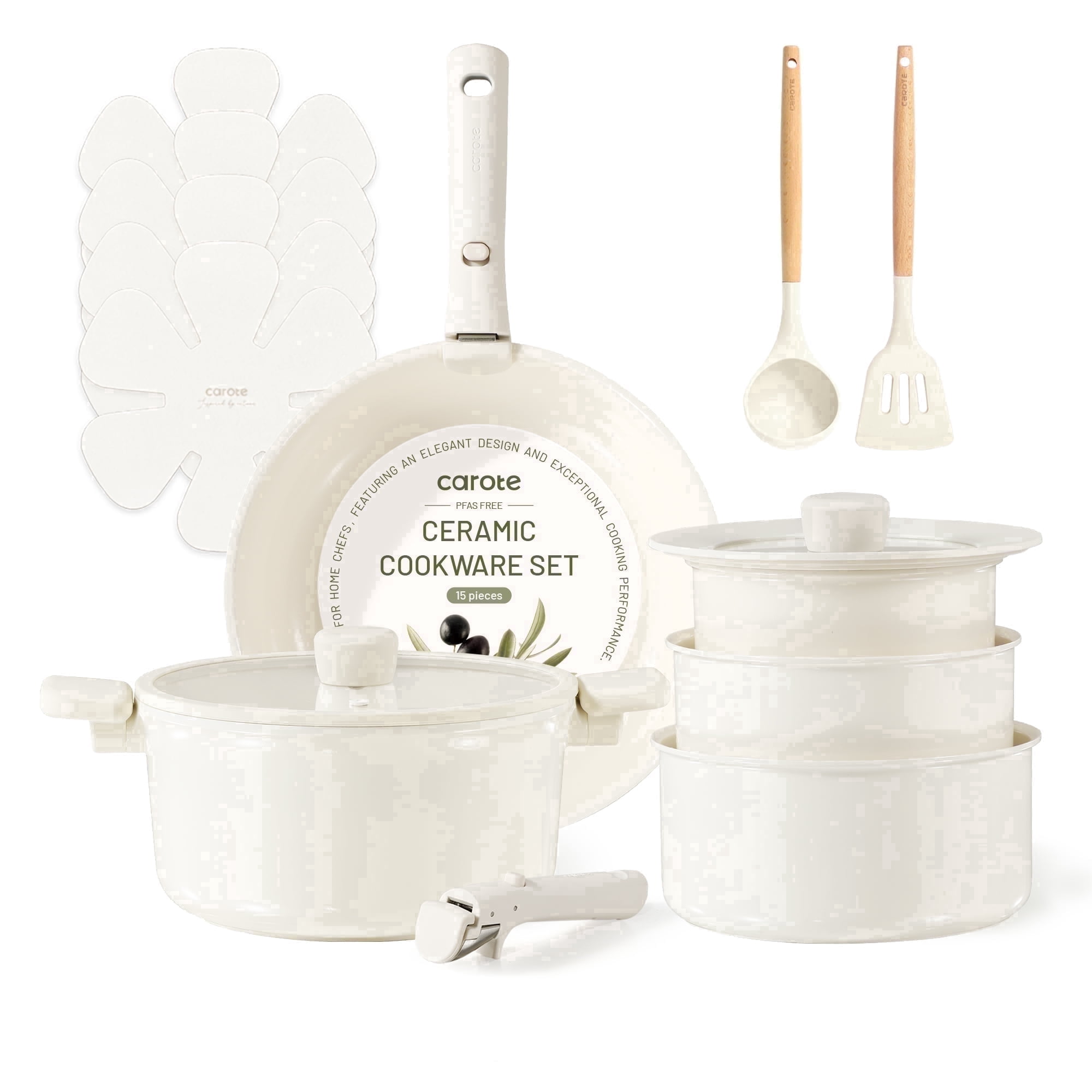 Carote Ceramic Cookware Sets, 15 Pcs Pots and Pans Set with Detachable Handle, Cream