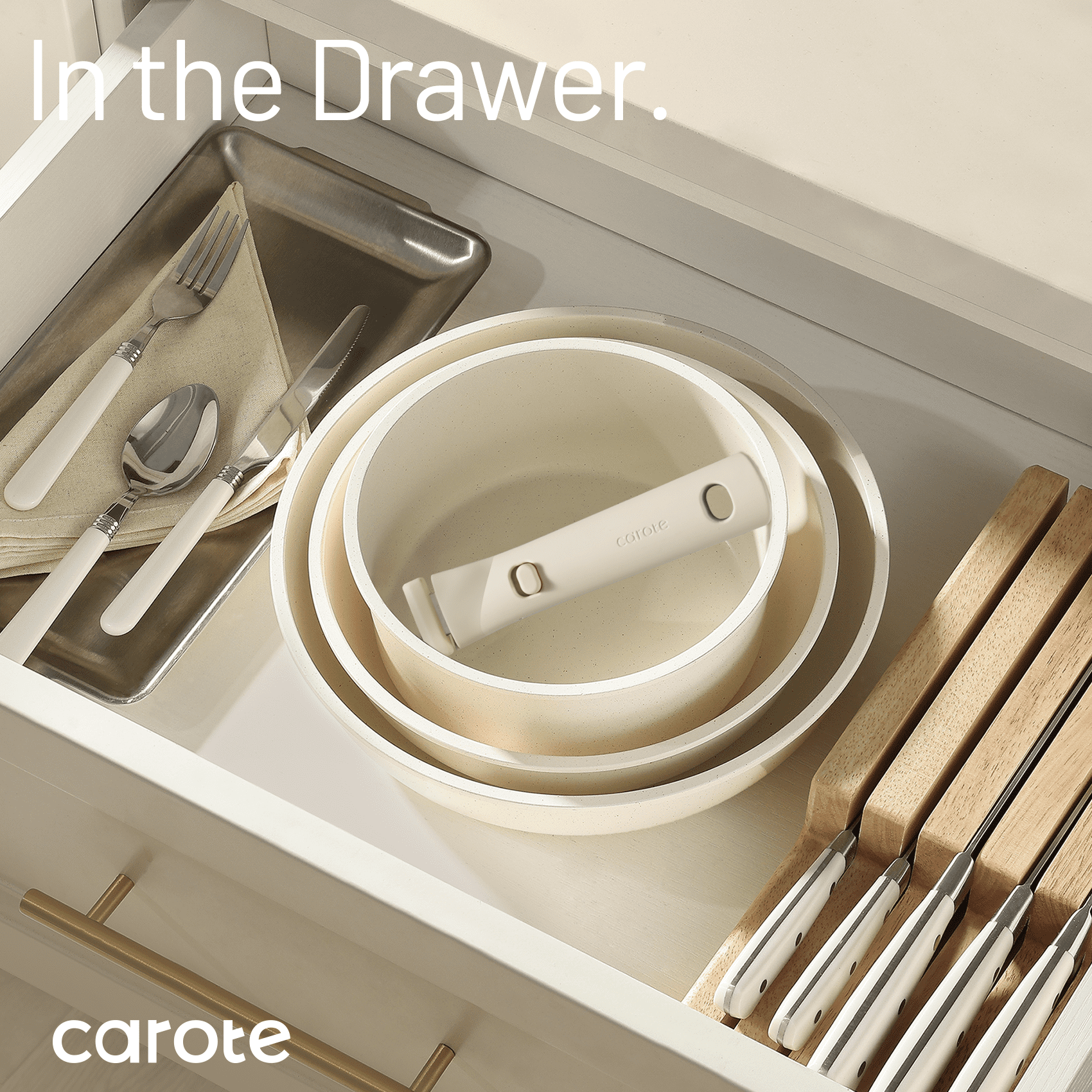 Carote Ceramic Cookware Sets, 15 Pcs Pots and Pans Set with Detachable Handle, Cream - Image 4