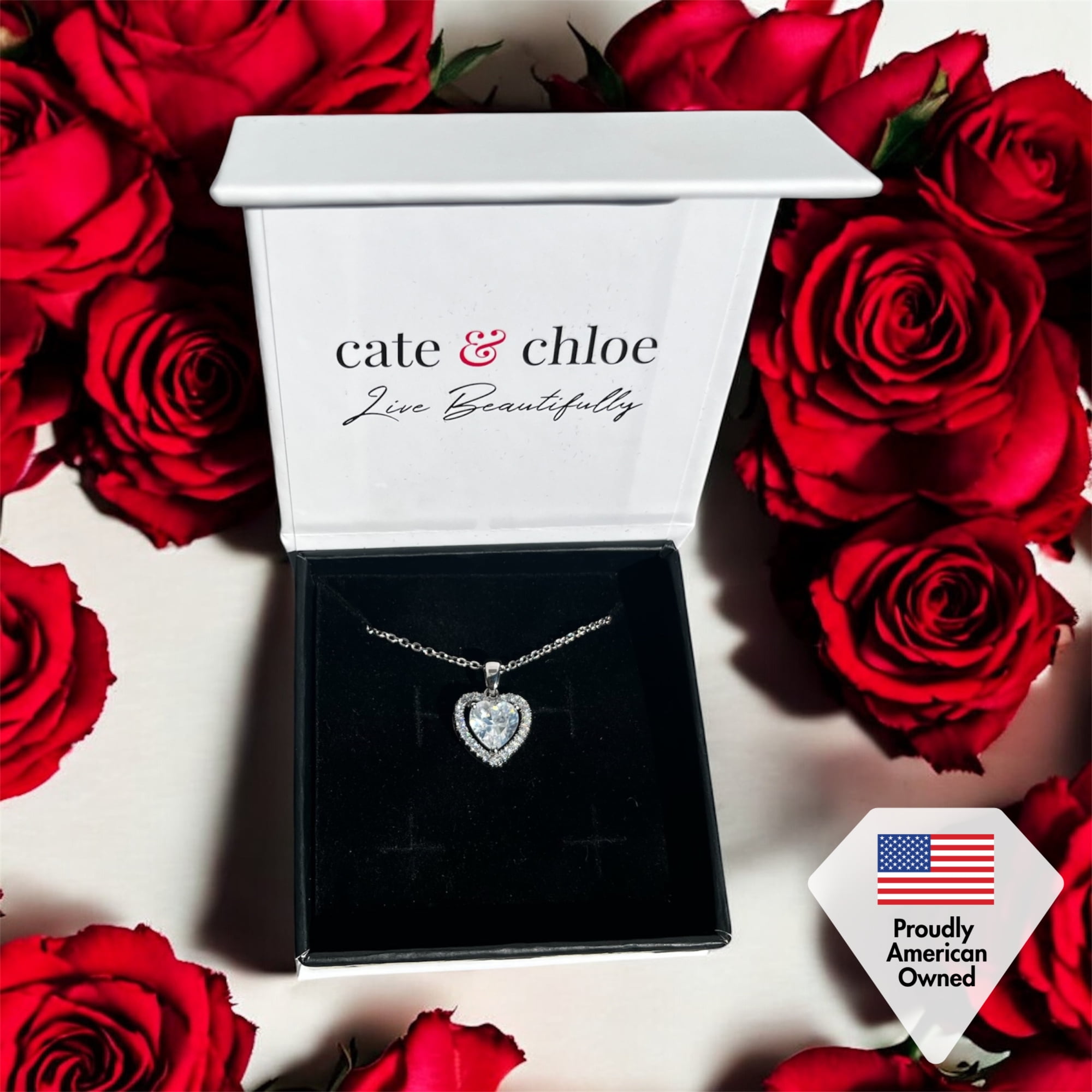 Cate & Chloe Amora 18k White Gold Plated Heart Pendant Necklace with Simulated Diamonds for Women - Image 3