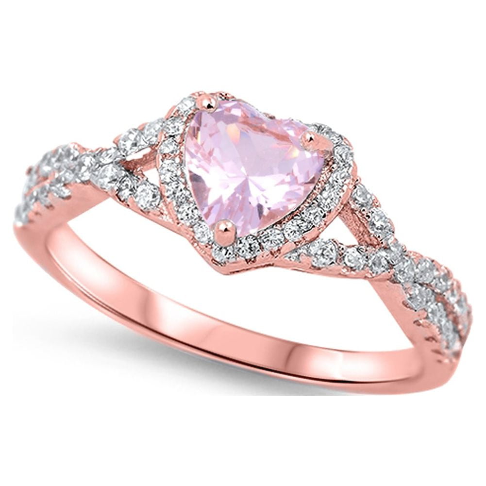 CHOOSE YOUR COLOR Elegant Rose Gold-Tone Studded Promise Heart Sterling Silver Ring Pink CZ Female Size 4 - Image 4