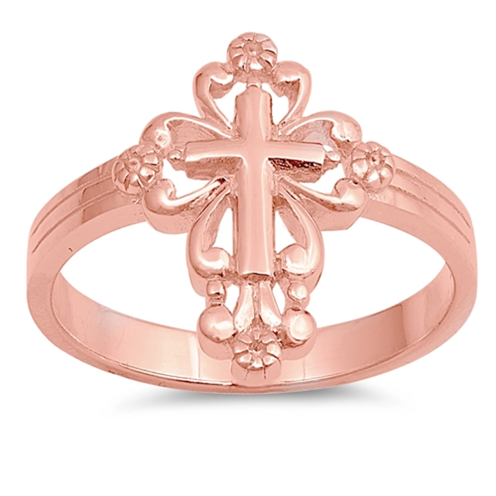 CHOOSE YOUR COLOR Rose Gold-Tone Victorian Style Cross Ring .925 Sterling Silver Band Female Size 10