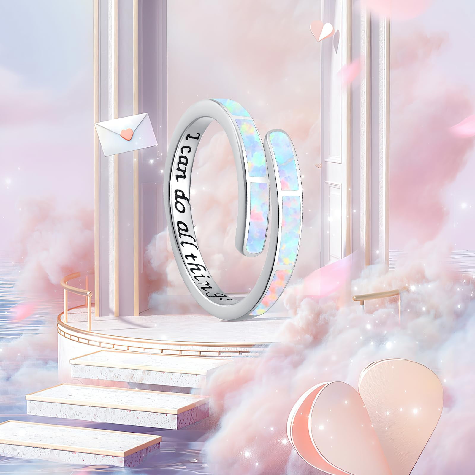 Coachuhhar Opal Ring 925 Sterling Silver White Adjustable Opal Rings Opal Jewelry Gifts for Women Birthday - Image 4