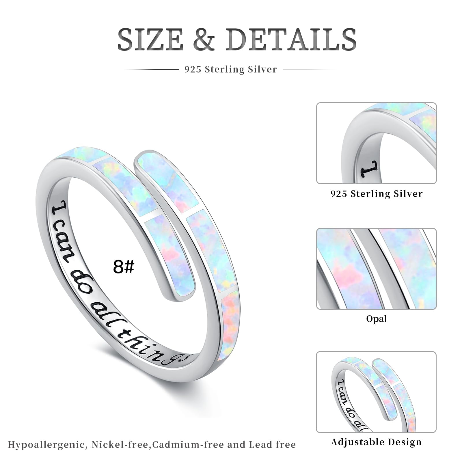 Coachuhhar Opal Ring 925 Sterling Silver White Adjustable Opal Rings Opal Jewelry Gifts for Women Birthday - Image 2
