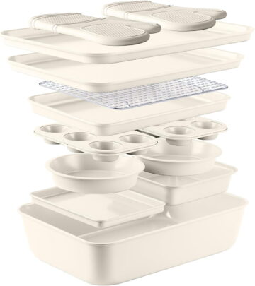 Country Kitchen Nonstick Cookware and Bakeware Set with Stackable Design, Cream, 13-Piece