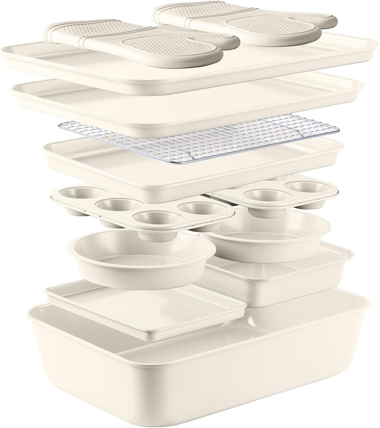 Country Kitchen Nonstick Cookware and Bakeware Set with Stackable Design, Cream, 13-Piece