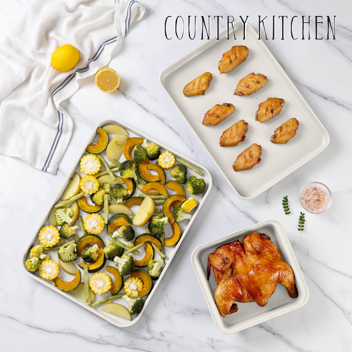 Country Kitchen Nonstick Cookware and Bakeware Set with Stackable Design, Cream, 13-Piece - Image 2
