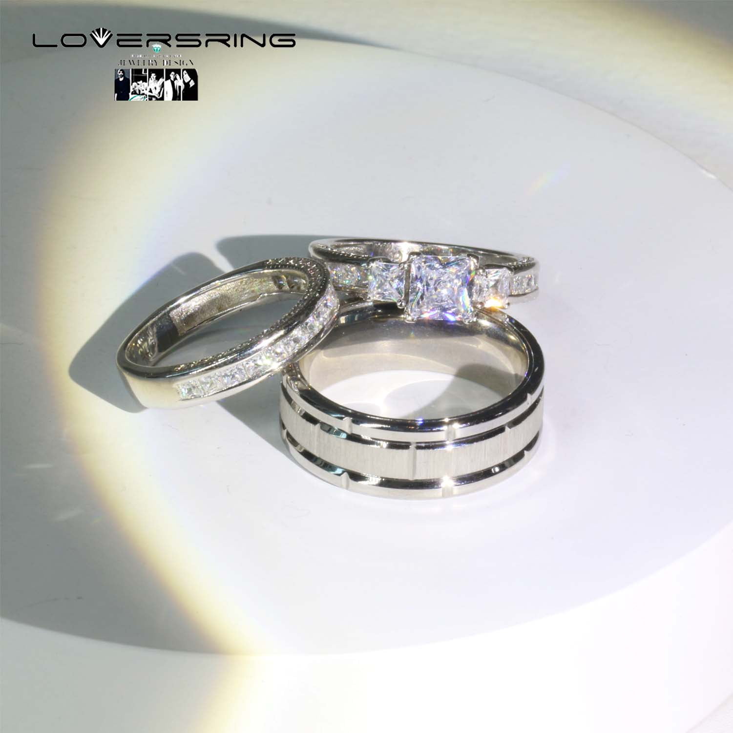 Couple rings Wedding Ring Set Women Square cut Moissanite Engagement Ring in Sterling Silver Man Titanium Bands - Image 4