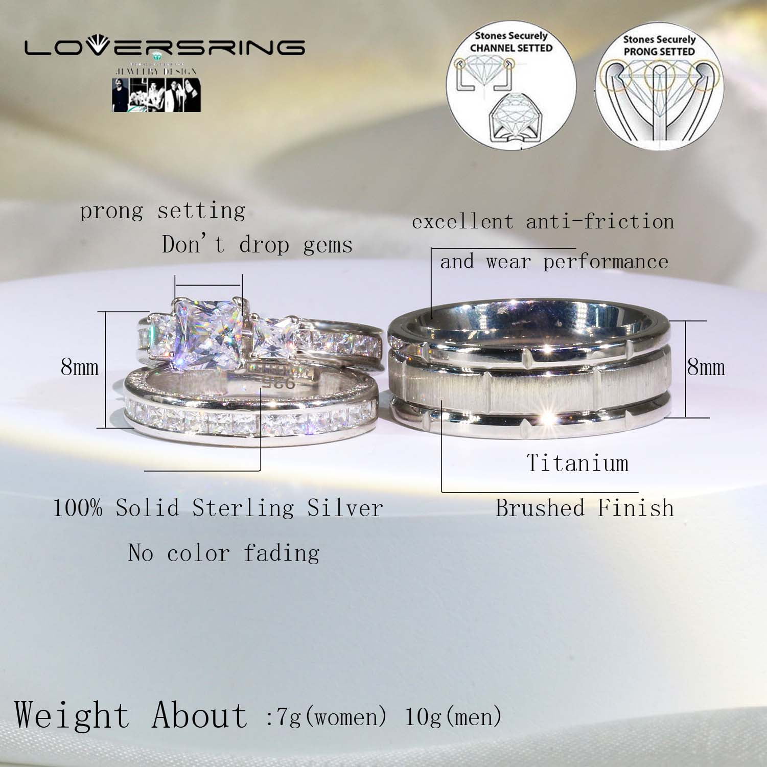 Couple rings Wedding Ring Set Women Square cut Moissanite Engagement Ring in Sterling Silver Man Titanium Bands - Image 5