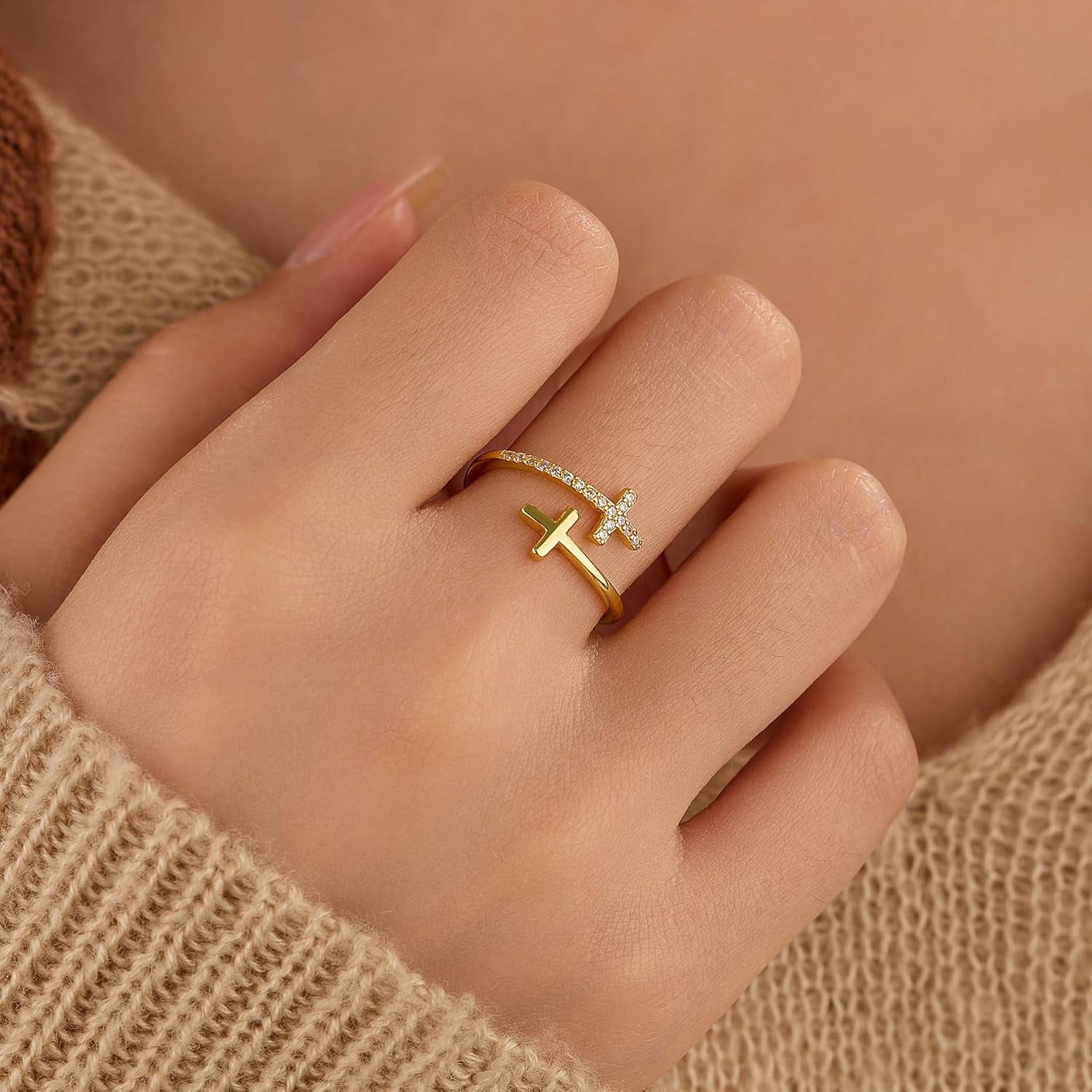 Dainty 14k Gold Plated Cross Rings for Women 925 Sterling Silver Purity Ring with Blue Birthstone CZ Crystal Christian Faith Ring Easter Confirmation Baptism Jewelry Gifts to Daughter - Image 4